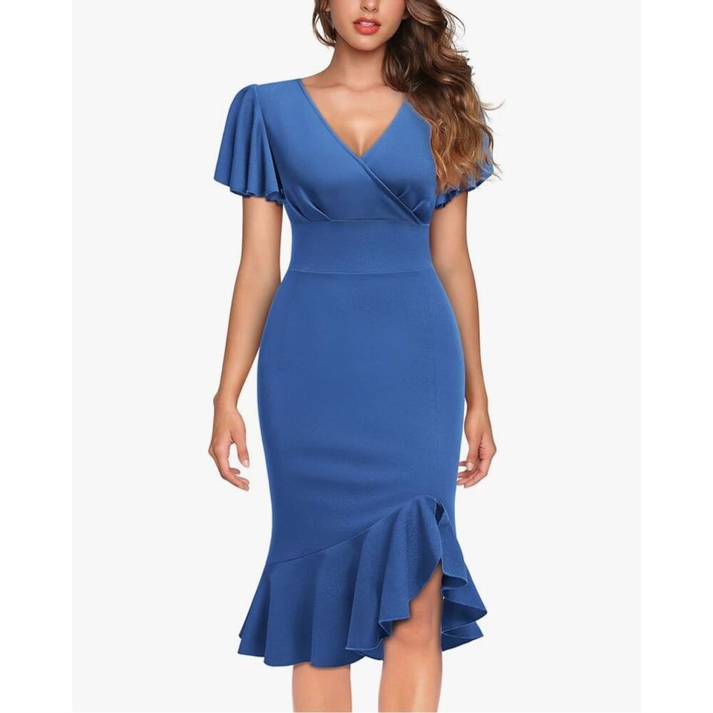 NEW Deep-V Neck Ruffle Sleeves Cocktail Party Pencil Slit Formal Dress 2X
